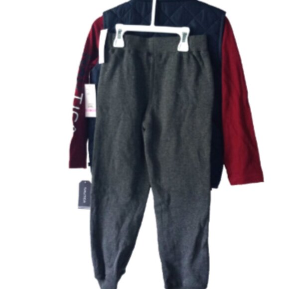 Nautica Boy 3-Pc Set Sz 6 Jogger Pants Puffer Vest Long Sleeve Tee Gray Blue Red - Picture 5 of 9